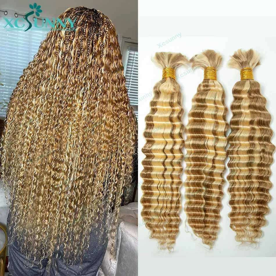 Resalte el cabello humano rizado a granel para trenzar, Rubio 613 27, onda profunda, paquetes de cabello humano doble dibujado a granel, sin trama, trenzas Boho