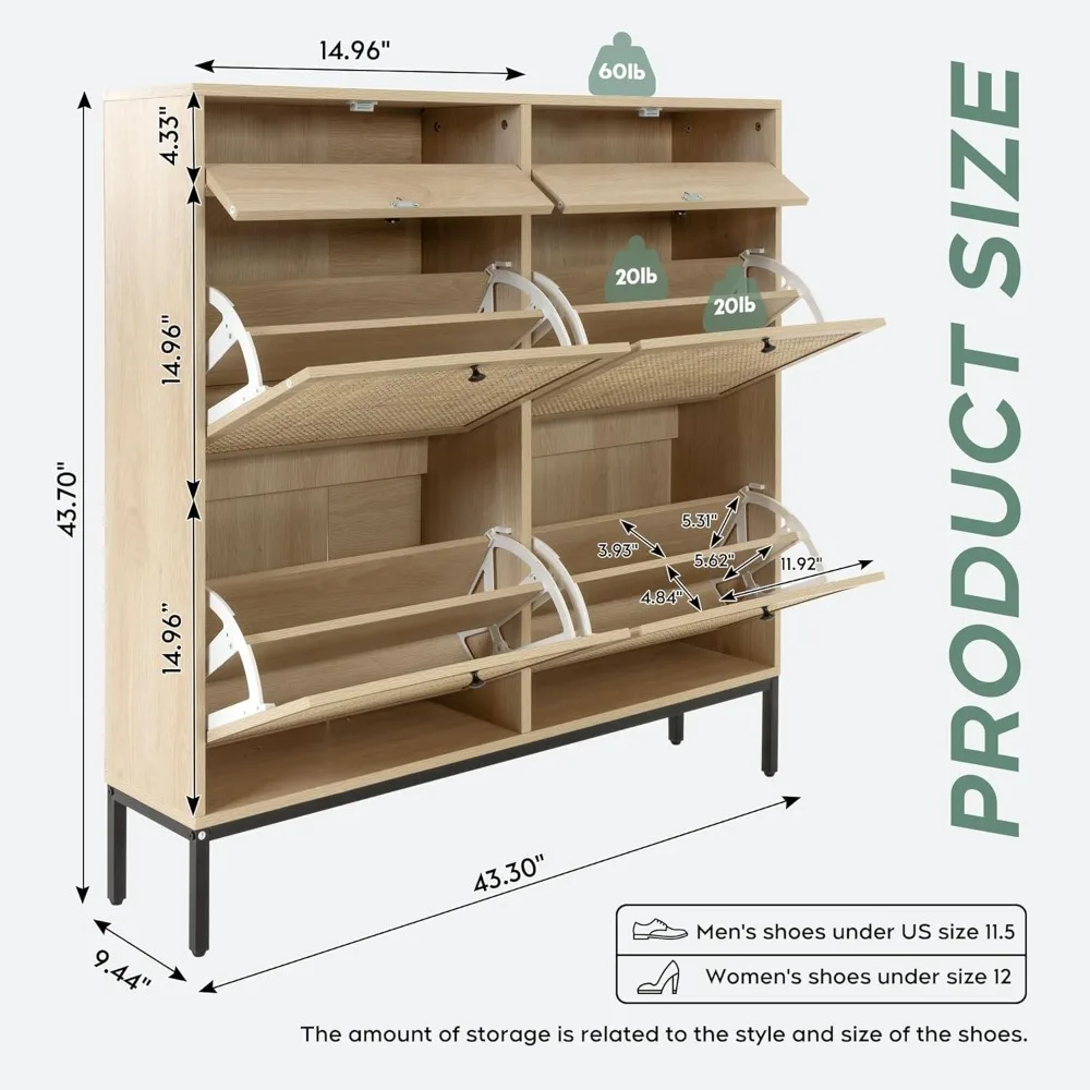 Freestanding Shoe Cabinet with 4 Flip Drawers, Natural Rattan Shoe Storage Organizer, Slim Shoe Storage for Entryway