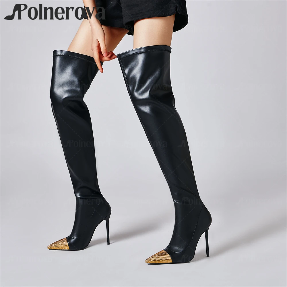 Luxurious Crystal Toe Stretch Boots Gold Strass Toe Black Leather over the Knee Stretch Boots Handmade Designer Customized Boots