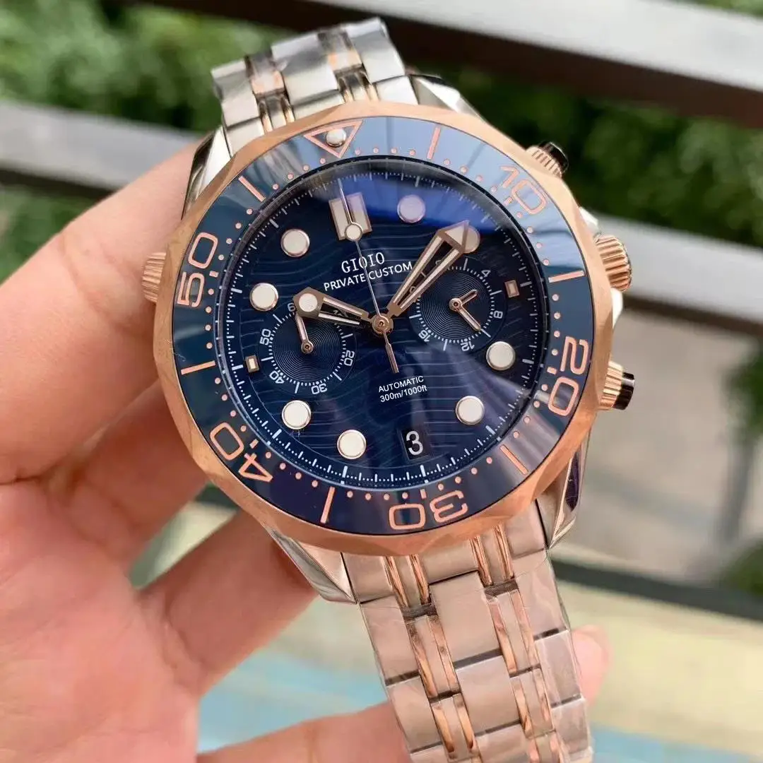 Montre chronographe à Quartz pour hommes, 44mm, haute qualité, noir, bleu, céramique, acier inoxydable, caoutchouc lumineux, or Rose