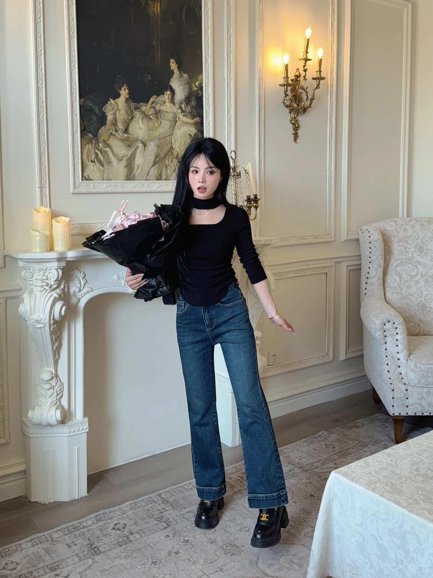 

Slim Fit High Waist Fce Lined Straight Leg Jeans Women's Autumn Winter New Sle Long Pants Retro Blue Bell Bot
