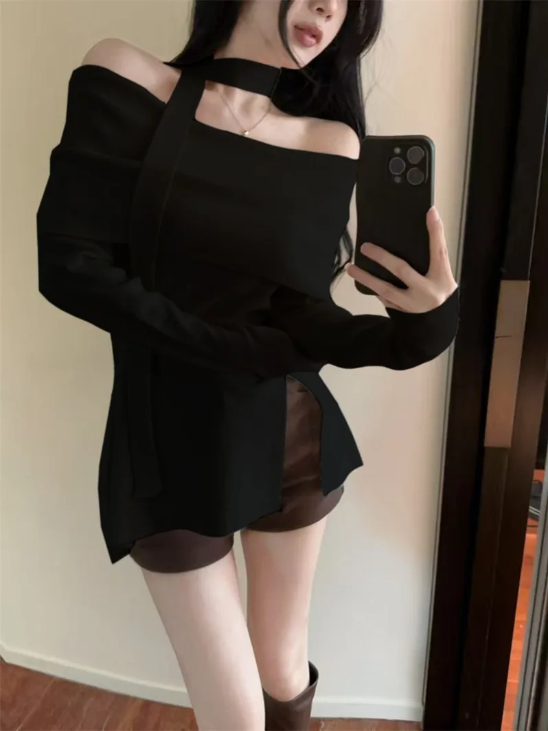 Herbst Winter Gestrickte Slim Fit T-shirt Overhead One oulder Lange Sve Reine Farbe Sexy Split mid Länge Französisch Sle Frauen...