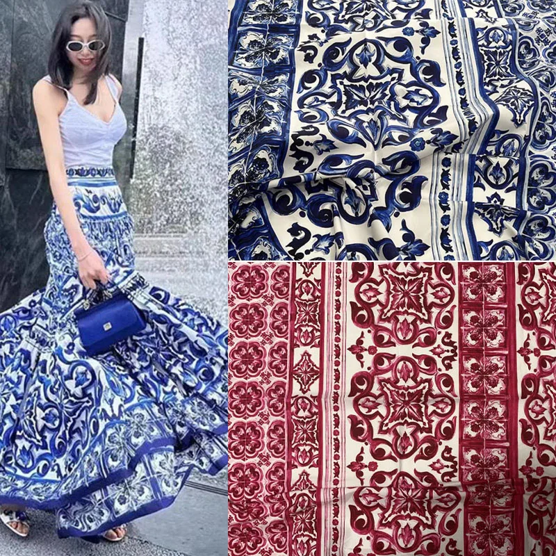 Europe And America Fashion Blue And White Porcelain Printed Cotton Fabric For Woman Dress Blouse Handmade DIY Cloth Sewing