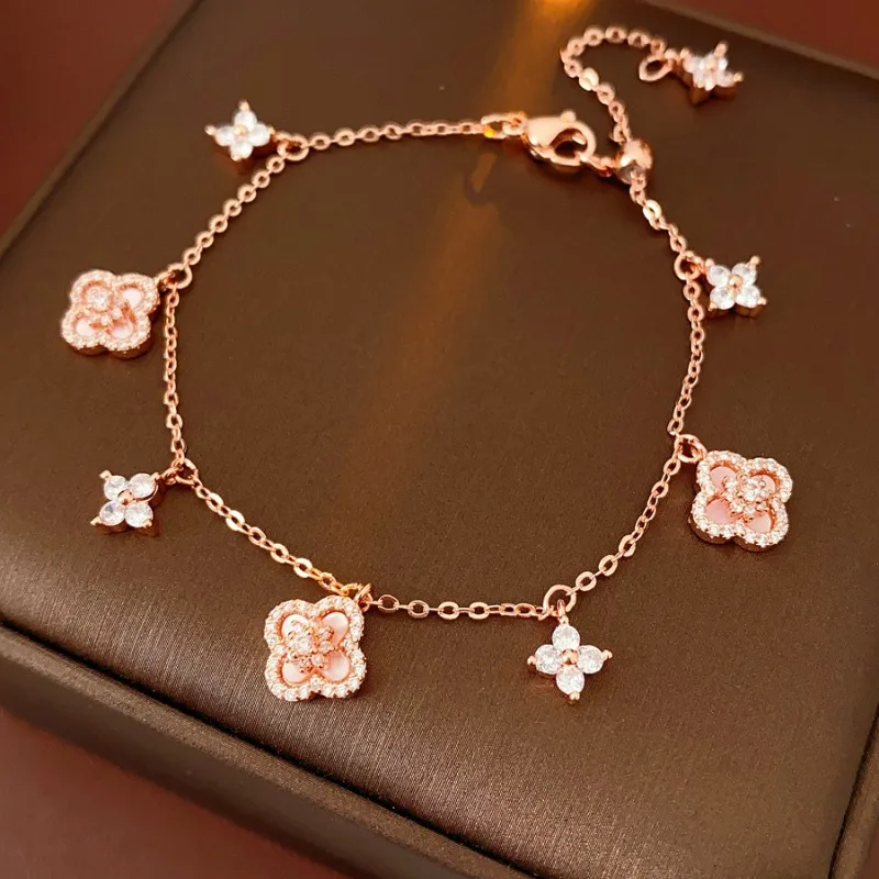 

Hot Selling Pink Shell Stone Crystal Flower Pendant Bracelet for Women Fashion Stainless Steel Bracelet Jewelry Accessories Gift