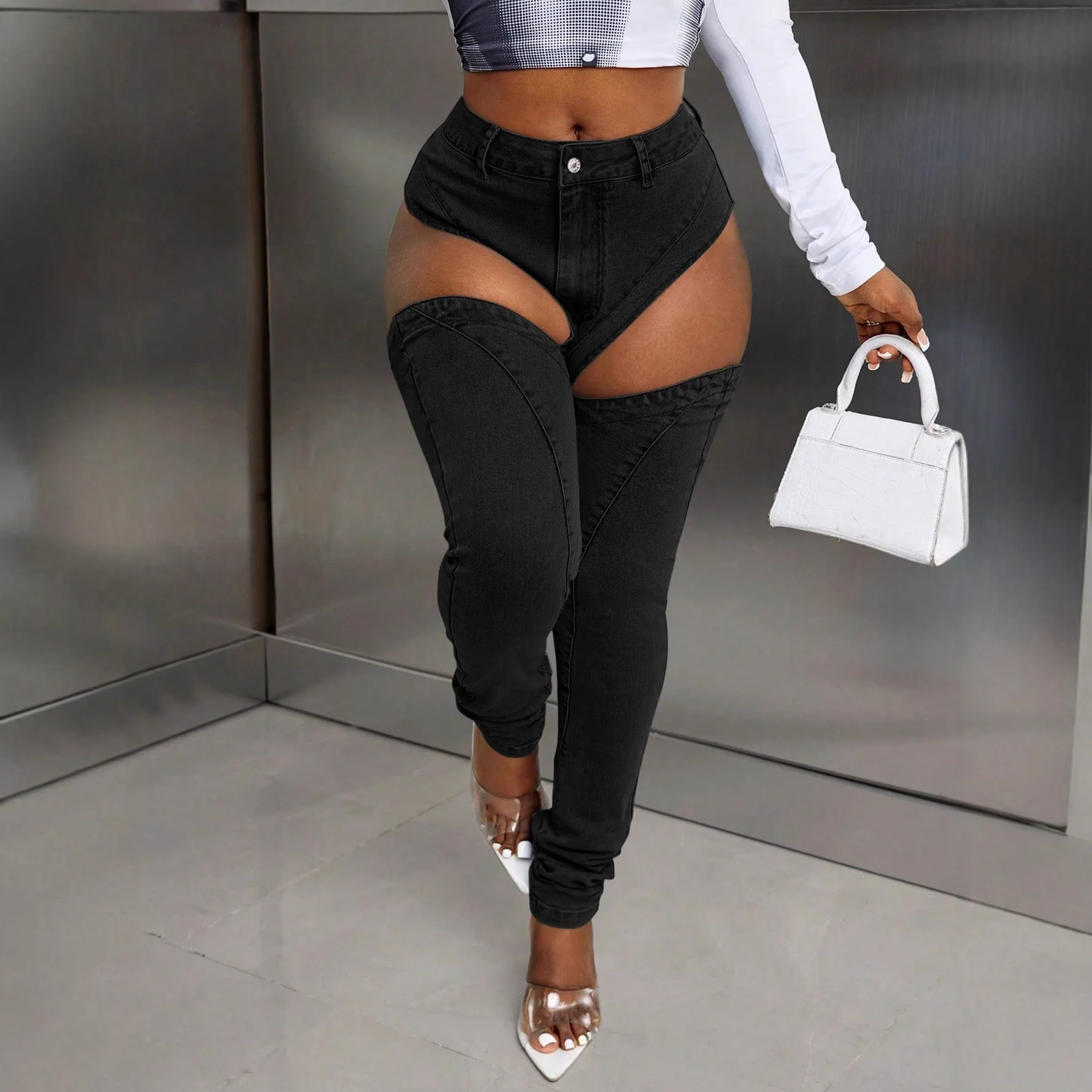 

American European 2025 New Fashion Women's Black Solid Color Casual Trendy Skinny Hollowed Out Sexy Denim Pencil Trousers Jeans