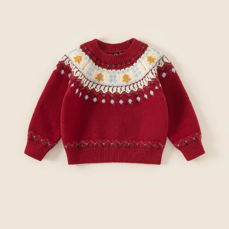 

2025 Winter New Children's Christmas Element Atmosphere Round Neck Jacquard Warm Sweater