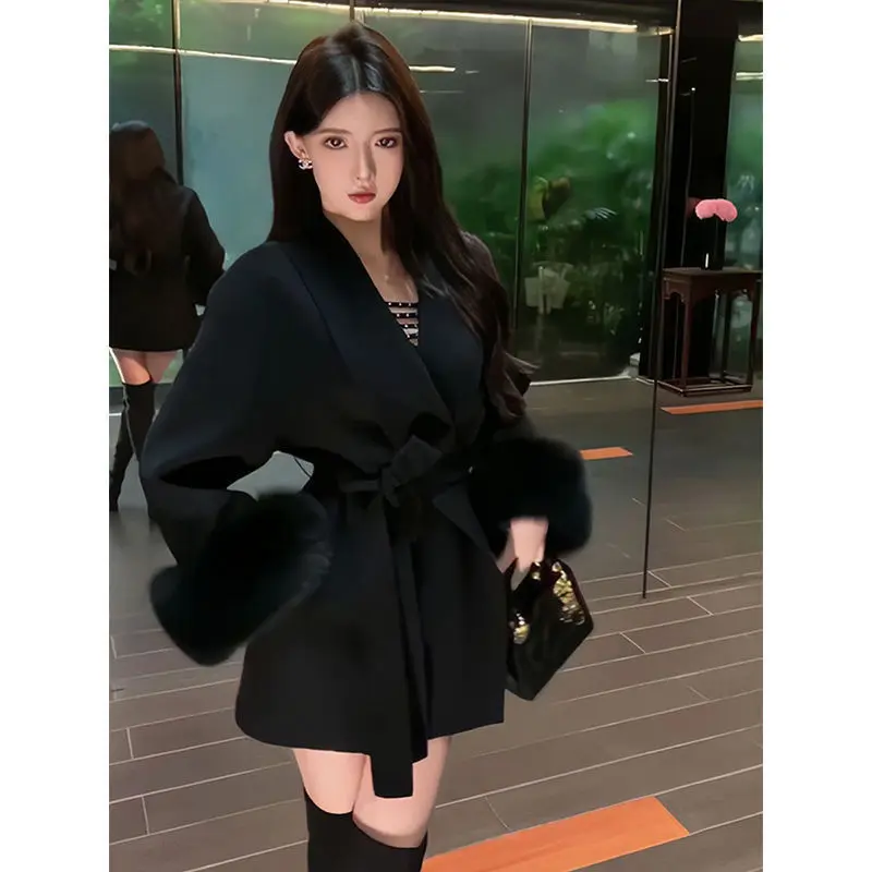 Autumn Beige Furry Sleeve Belted Wool Coat Women's Lightweight Premium Overcoat