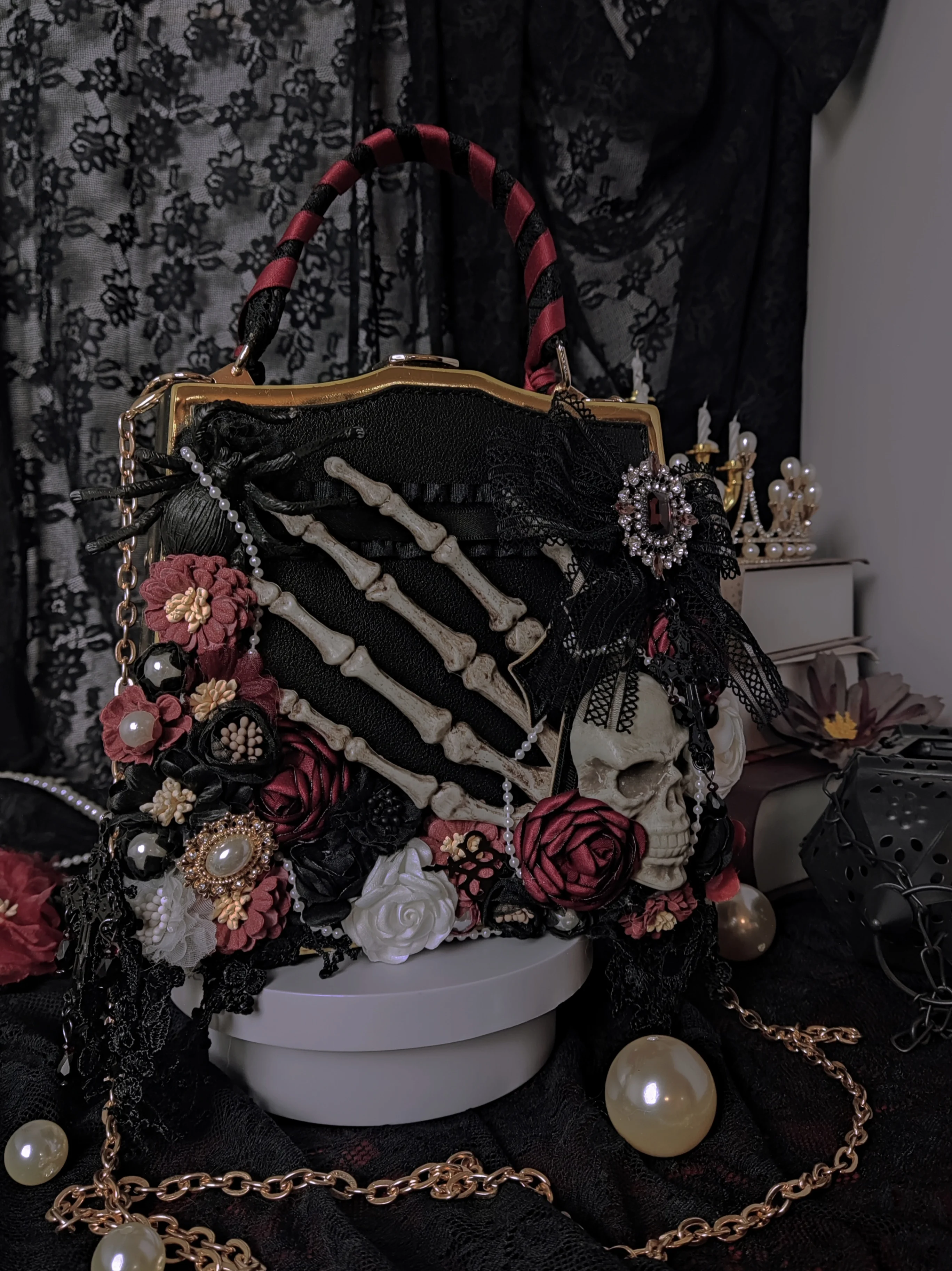 Gothic Girl Vintage Punk Women Handbags Black Flower Shoulder Bag Crossbody Bags Butterfly Skeleton Hand