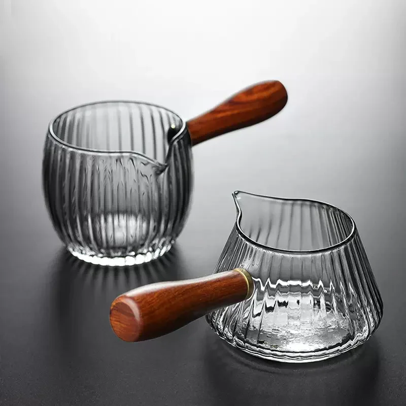 Japanese Side Wooden Handle High Borosilicate Stripe Glass Tea Dispenser Fair Cup Chahai Kung Fu Tea Ceremony Tea Set