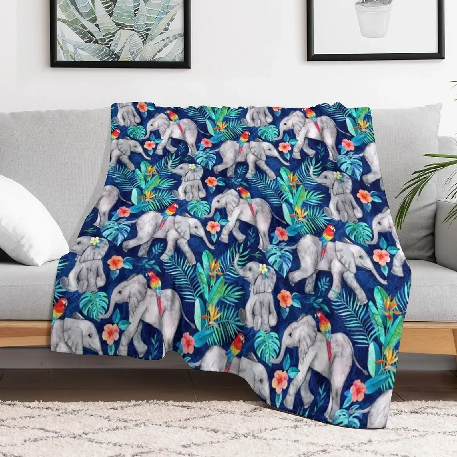 

Elephants and Parrots in Indigo Blue Throw Blanket Polar Hairy Blankets For Baby Blankets