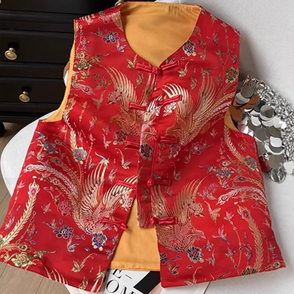 

Jacquard Phoenix Qipao Tops Red Chinese Tradition Vest Tops Women Wedding Party Sleeveless Outwear Loose Camisole Coat