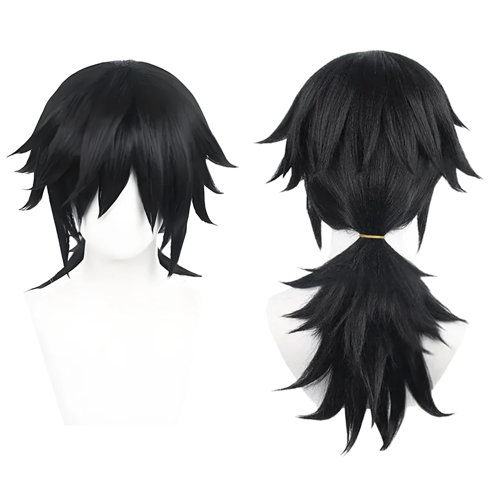 Anime Demon Slayer Tomioka Giyuu Cosplay Syntetyczne Włosy 50 cm Czarny Kucyk Puszysty Peruka na Halloween Karnawał Codzienna Impreza