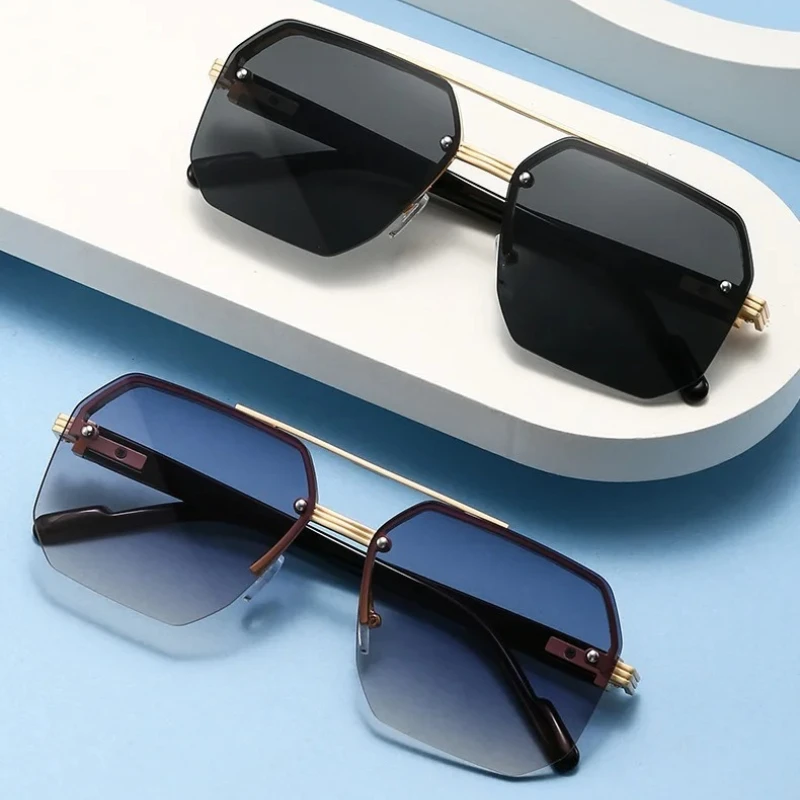 

High Quality Men's Metal Semi-Rimless Sunglasses Classic Square Double Bridge Fashion Retro Luxury for Business Commute Driving