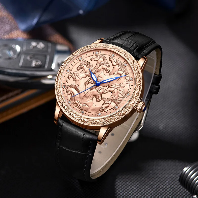 2023 New Wristwatch Carving Luxury Waterproof Fashion Luminous Men Quartz Watch Leather Band Business Man Watch Reloj Hombre