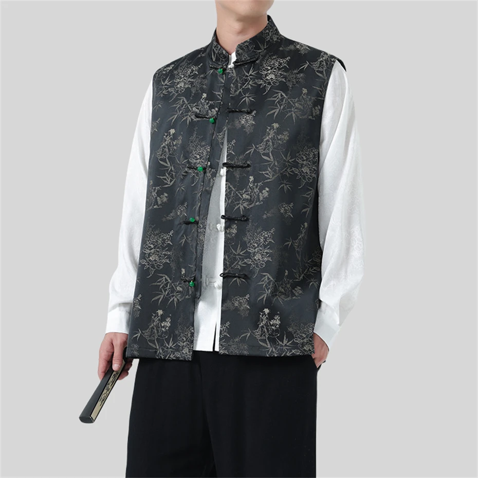 

Large Size Vest Men Retro Tang Suit Sleeveless Jacket Vest for Men Bamboo Print Vests Disc Buckle Autumn Winter Men Clothing 5XL