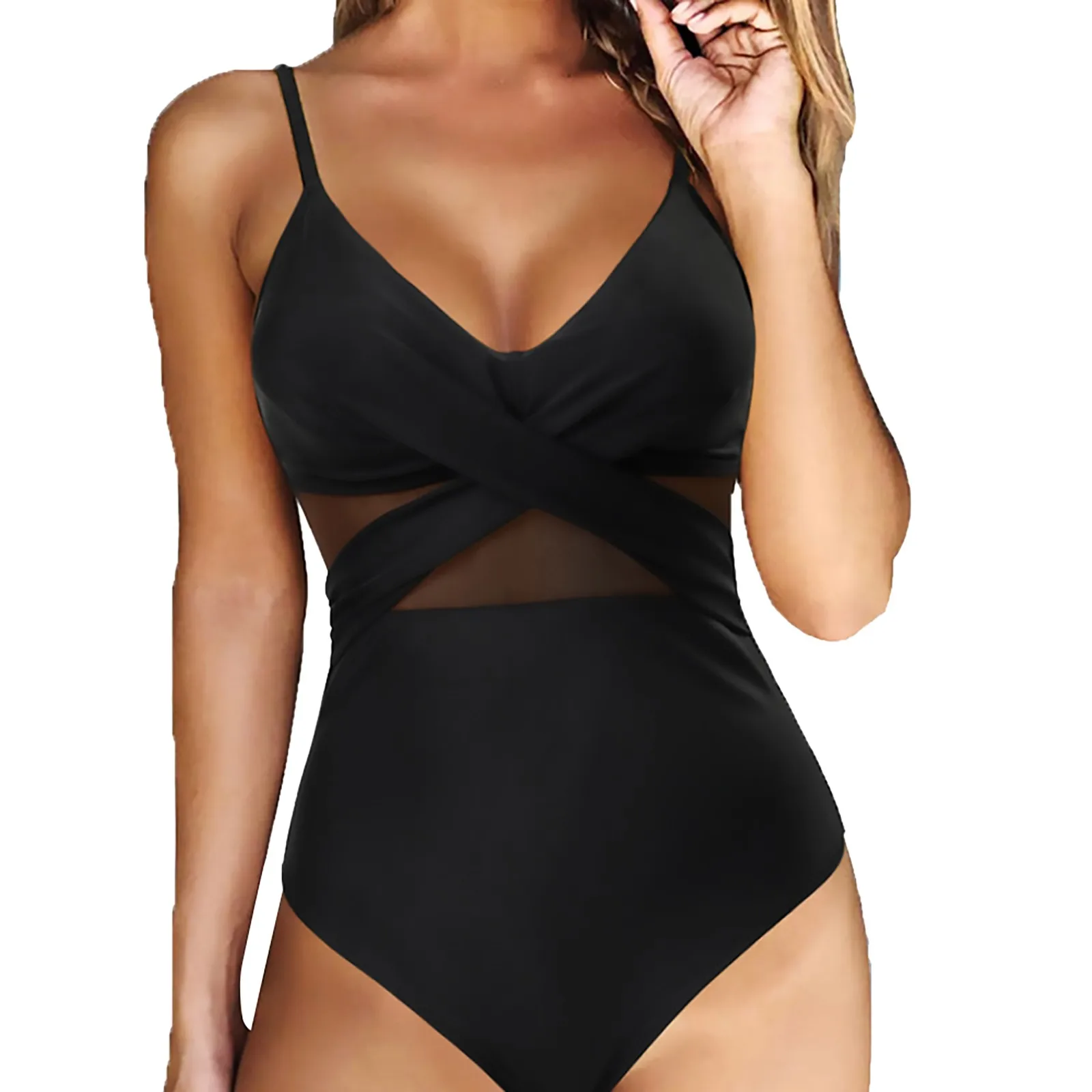 

2024 Summer Black Net Swimwear Female Plus Size One-Piece Suspenders Swimsuit Push Up Beach Pool Bather Female Swim Bathing Suit