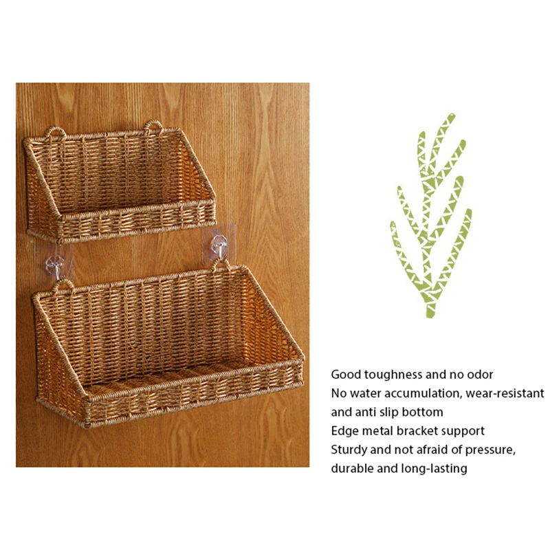 1Pcs Rustic Wall Mounted Rattan Basket with Hooks Woven Wicker Storage Organizer Shelf for Bathroom Kitchen Bedroom Living Room view 4