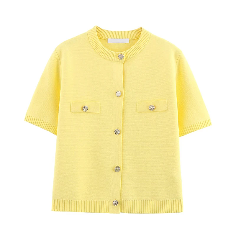 

Elegant Women Front Button Round Neck Short Sleeve Knit Cardigan Casual Crop Outerwear