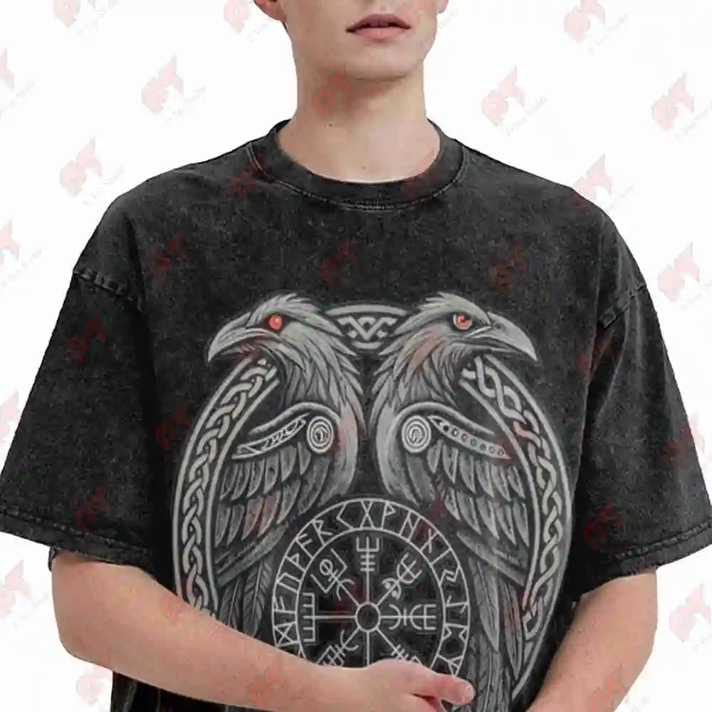 Norse Viking Huginn Muninn Raven Vegvisir Shield Vintage Washed Tee Pure Cotton T-Shirt