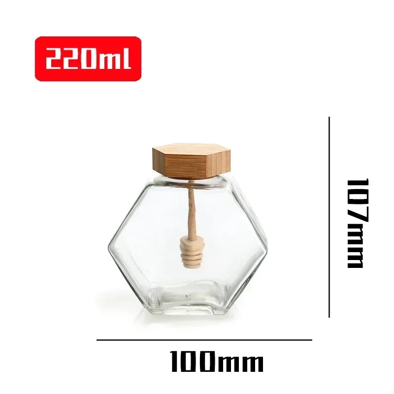 100ml/380ml Bamboo Wood Cover Hexagonal Glass Jar with Stirring Dipper Hexagon Honey Container 100ml Iron Cap Storage Bottle