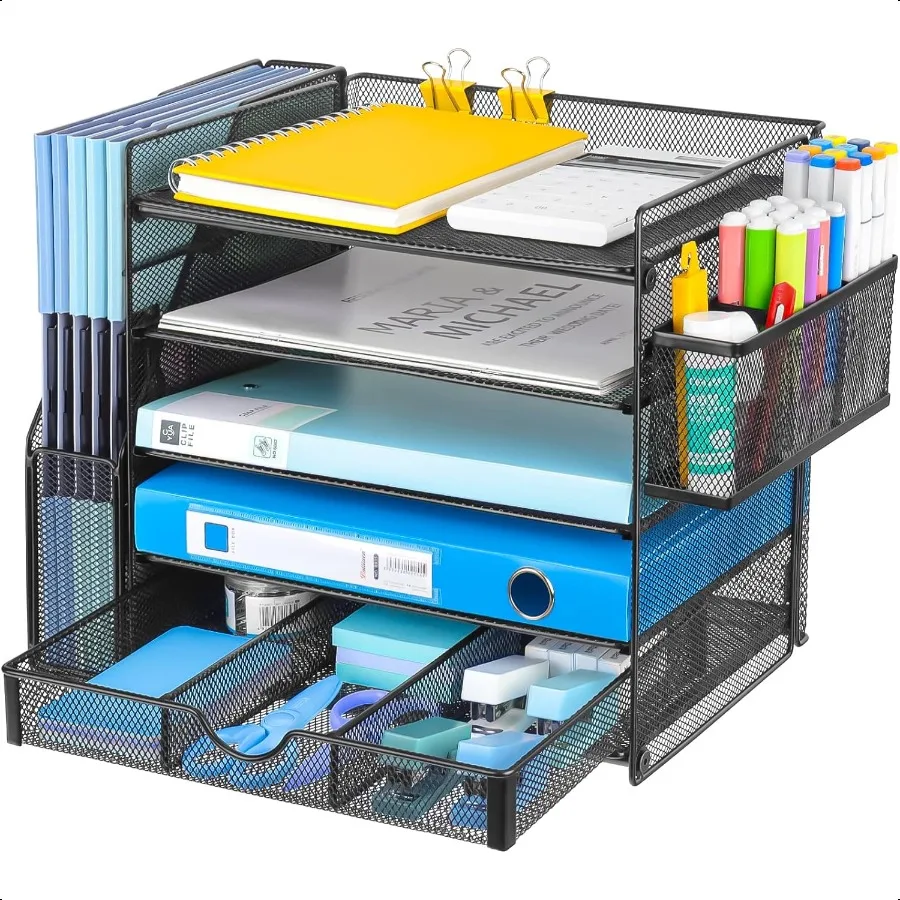 

Desk Organizers with File Holder 5Tier Paper Organizer Letter Tray with Sliding Drawers and Extra Pen Holder Mesh Desktop File