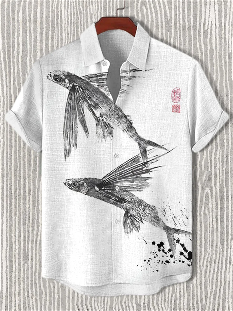 New Fashion Men's Linen Short sleeved Shirt 3D Printed Bushido Pattern Casual Comfort Shirt Summer Short sleeved Shirt