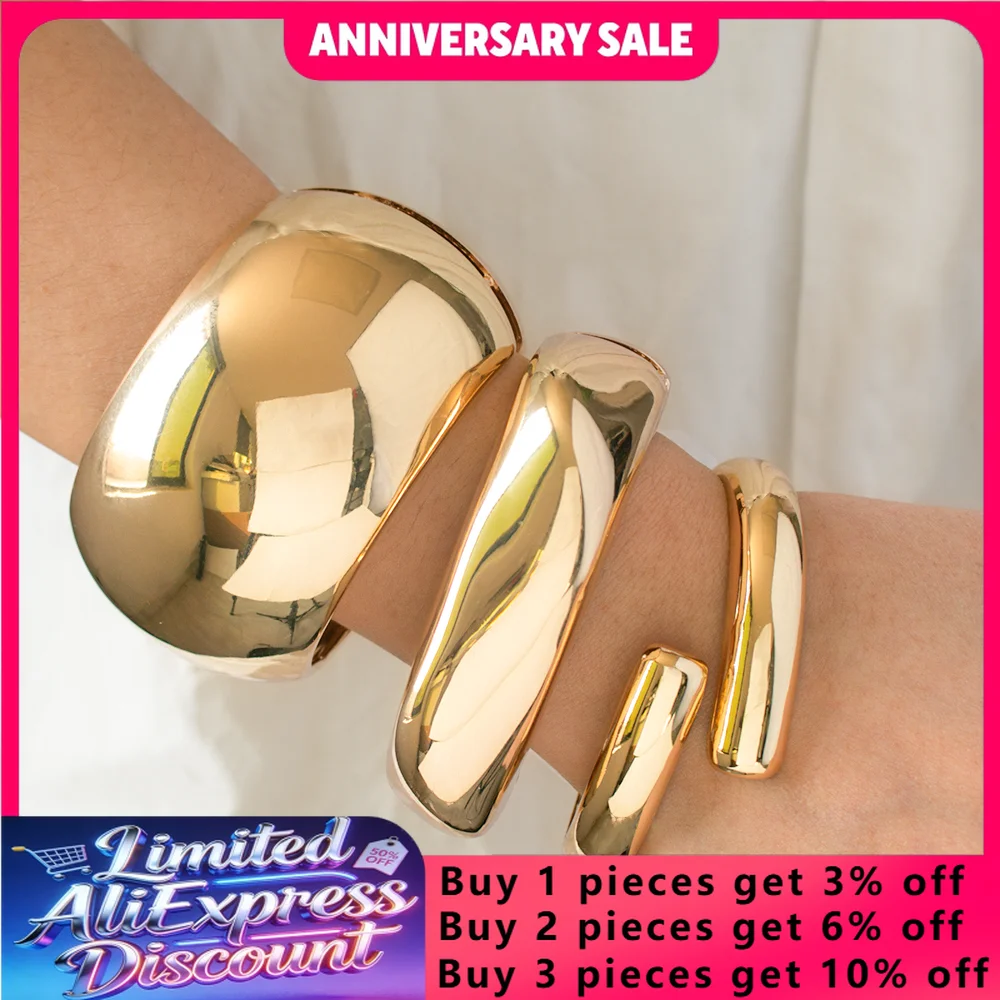 

GZJPEI Punk Metal Spring Wide Bangles For Women For Men Hip Hop Gold Color Smooth Chunky Geometric Cuff Bracelet 2025 New