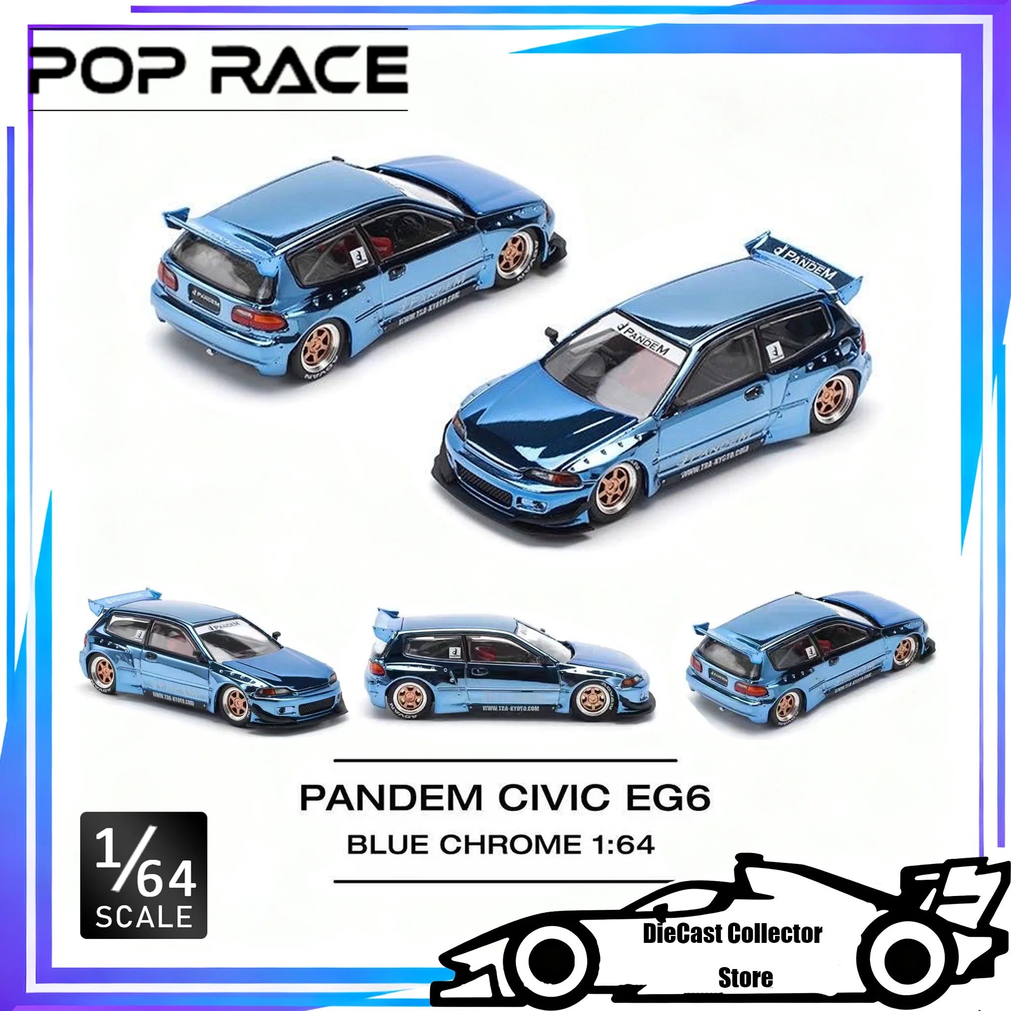

POP RACE 1/64 PANDEM Civic EG6 Blue Chrome Die-Cast Alloy Model Car Children toys