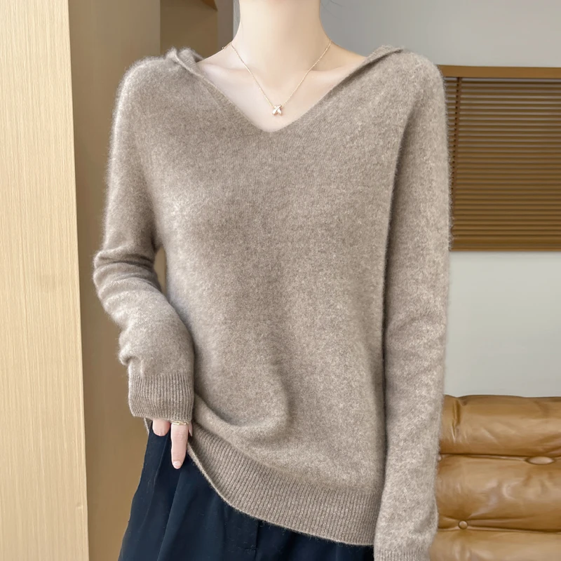 Seamless Cashmere Sweater Spring Autumn New 100% Merino Wool Sweater Women\'s Clothing Hooded Knitted Sweater Casual Hoodie Tops