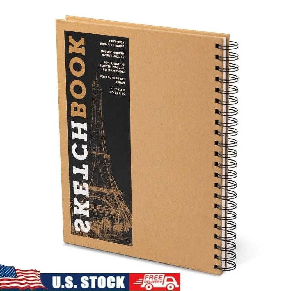 

Large Spiral Sketchbook Kraft Hardcover 128 Perforated Pages Acid-Free Drawing Paper Perfect Artists Charcoal Pencil Watercolor