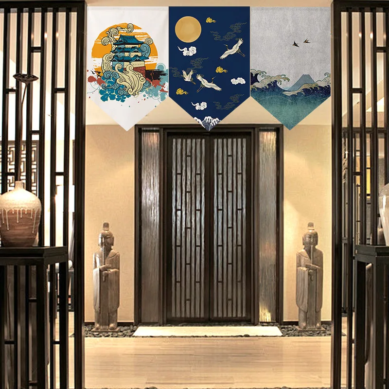 VIKAMA Japanese Style Castle Wave Triangle Valance Curtain, Ukiyo-e Art Print Fabric Pennant Curtain for Restaurant Wall Decor