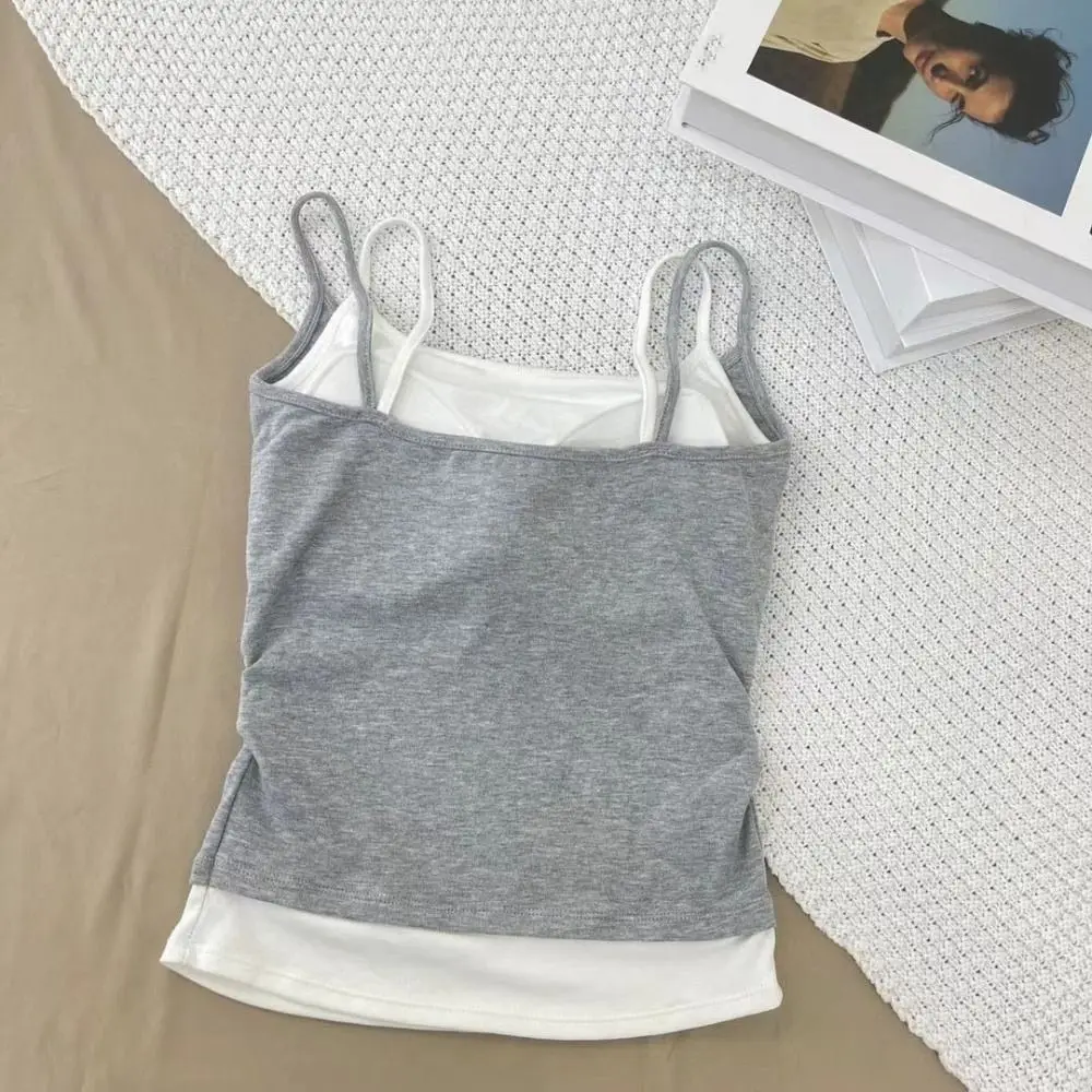 Simple Patchwork Fake Two Pieces Camisole Vest Sleeveless Sweet Girl's Tank Top Slim Fit Korean Style Slim Crop Top Streetwear