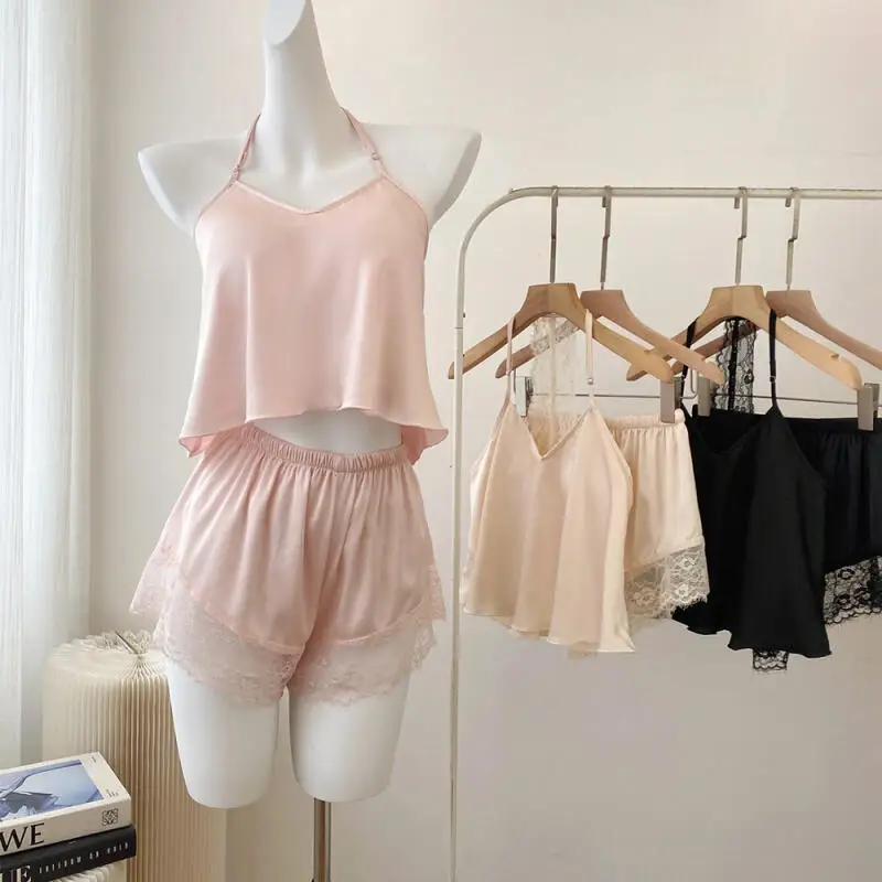 Sexy Women Satin Pajamas Set Lace Mujer Strap Top& Shorts Pijamas Suit Ice Silk Lingerie Homewear Solid Color Comfy Loungewear