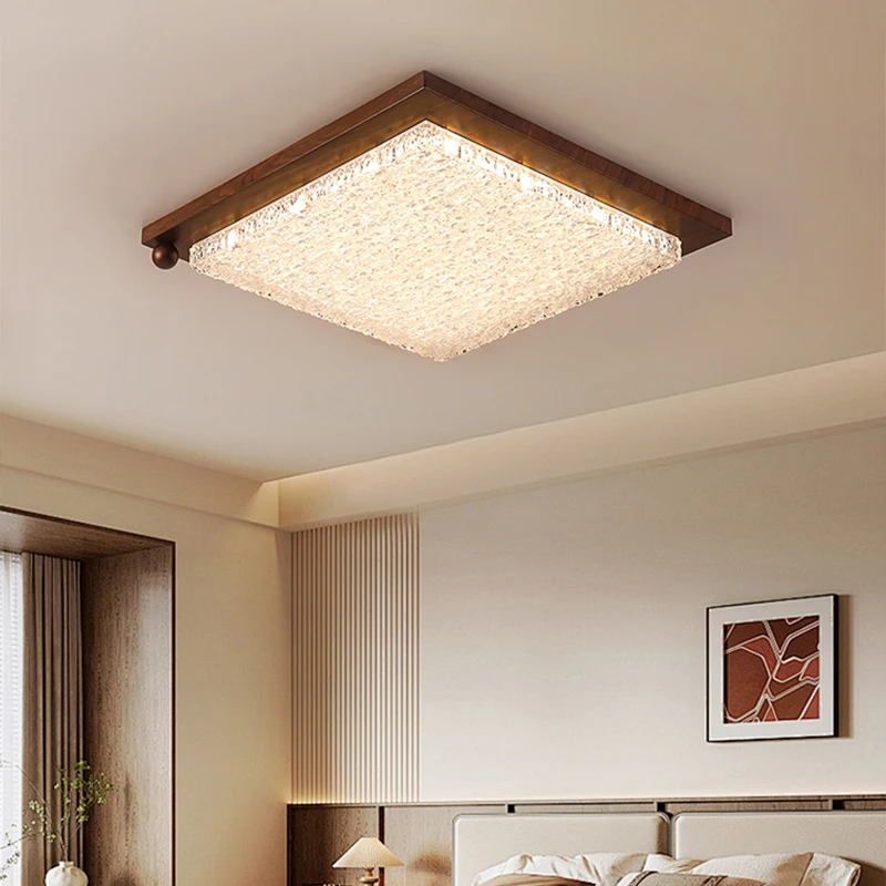 Crackle-Pattern Bedroom Ceiling Light Italian Minimalist Eye-Friendly Light Luxury Round Lamp Vintage Walnut Lighting Fixture