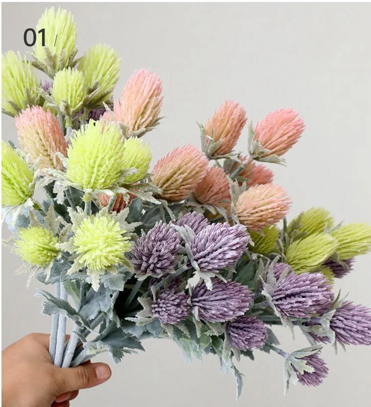 5 Stück beflockte 6-köpfige Eryngium-Wildfrucht-Andornblumen, künstliche Hochzeitsblumenarrangements, Zubehör für Blumensträuße, Heim- und Partydekoration – Detail 6