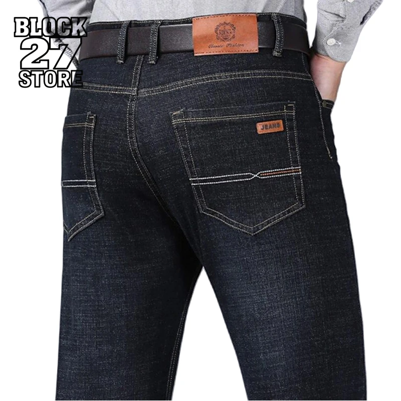 سراويل هاراجوكو الرجالية الناعمة المستقيمة من قماش الدنيم للخريف الكلاسيكي للأعمال جينز أسود لسائقي الدراجات النارية موضة غير رسمية ملابس الشارع الشهير بنطلون أوم جديد #1