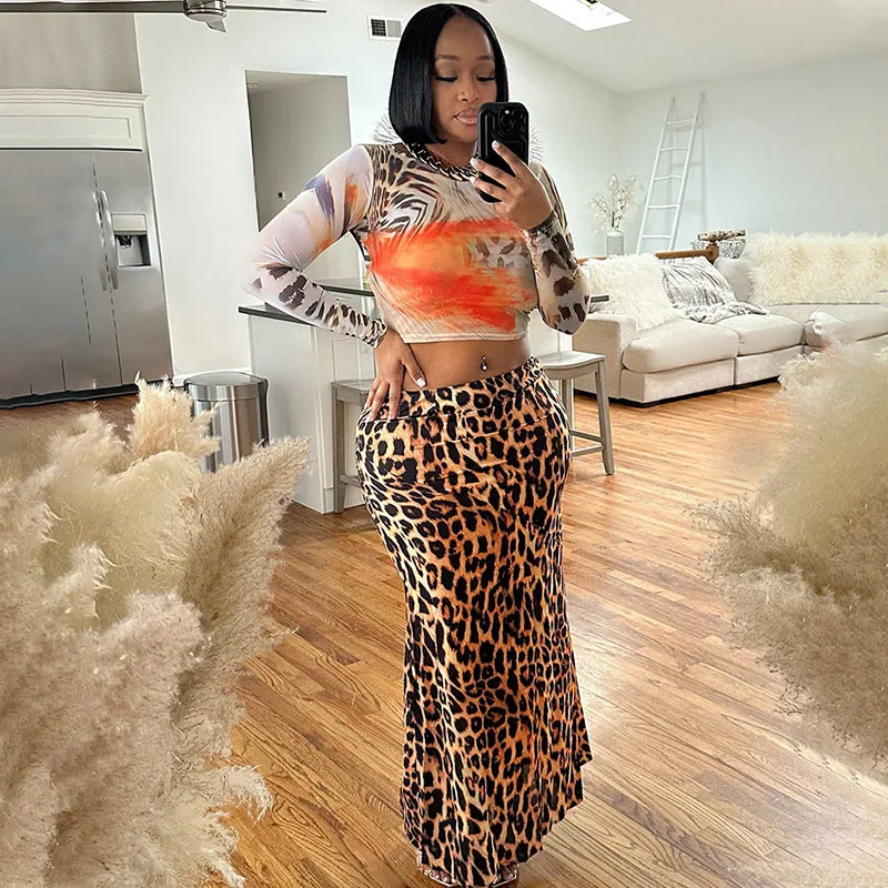 

Leopard Printed Two Piece Sets Women Outfits Y2K Clubwear Party Long Sleeve O-neck Crop Top and Maxi Skirt New in Matching Sets