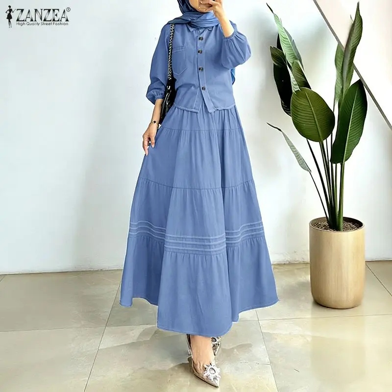 ZANZEA Muslim Women's Denin-Like Skirt Suits Long Sleeve Shirt & Tiered Long Skirt 2 Pieces Sets Loose Contrast-Stitch Outfits