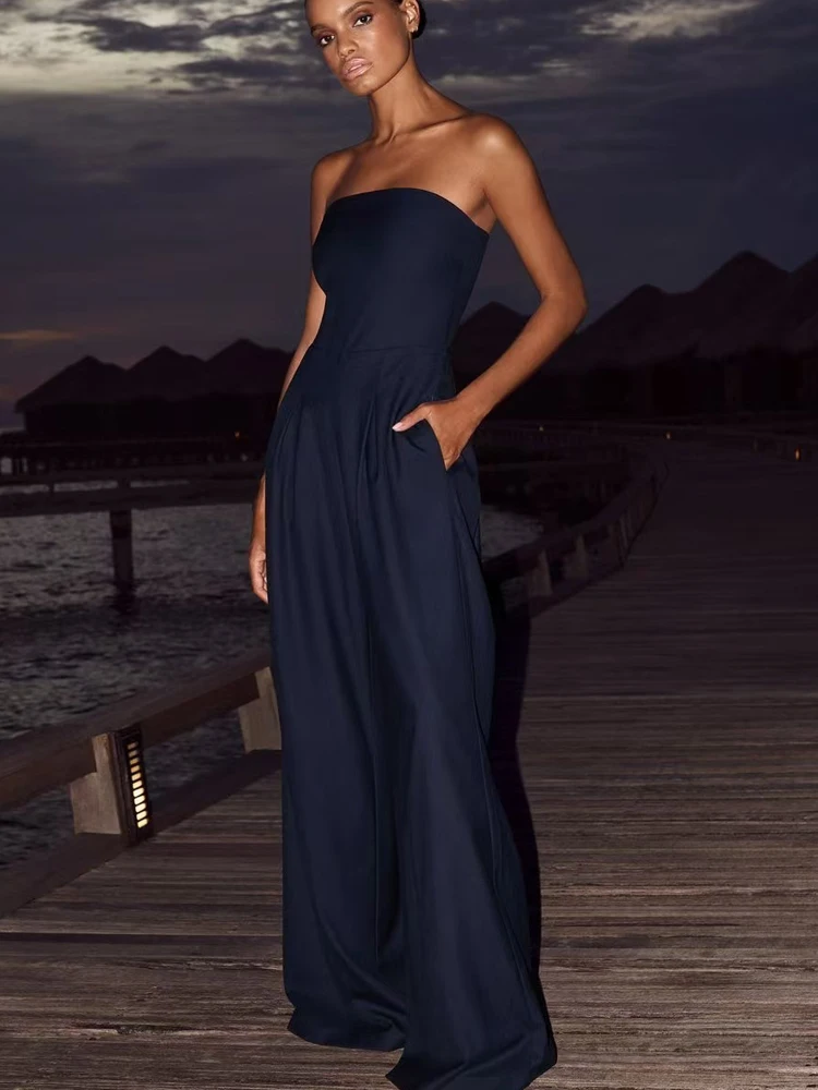 FSMG Fashion Solid Sexy Backless Slim Jumpsuits Elegant Off Shoulder Waist Cinching Pockets Wide Leg Pants Temperament Bodysuit