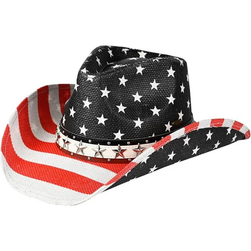 Unisex Cowboy Hat Featuring a Classic American Flag Pattern And a Metal Star Band, Stylish And Eye-Catching. Comfortable to Wear