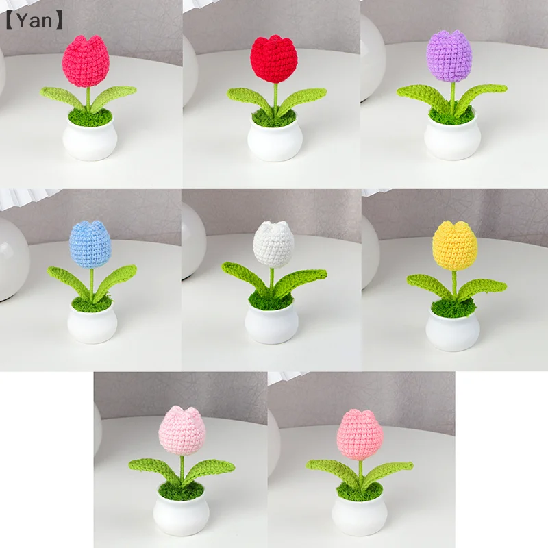 Artificial Flower Handwoven Mini Potted Flower Rose Office Desktop Ornamental Potted Plants Woolen Thread Home Decoration