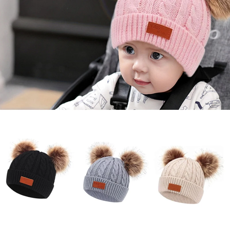 3Pcs Winter Baby Hat Scarf Gloves Set Solid Color Toddler Bonnet Cute Pompom Knitted Hats Outdoor Warm Infant Accessories 1-5Y