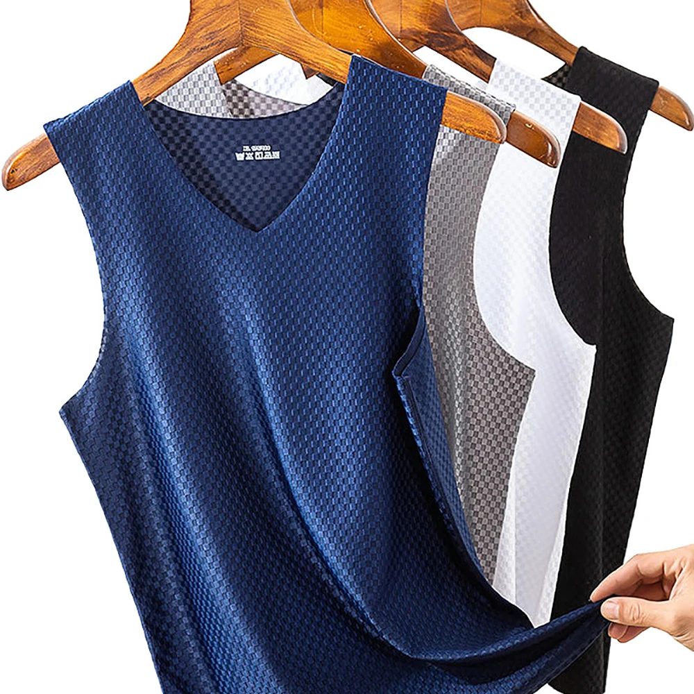 Men\'s Ice Silk Thin Vest Quick-Drying Mesh Tank Tops Breathable Sports Slim V-Neck Sleeveless T-Shirts Summer Cooling Tank Vest