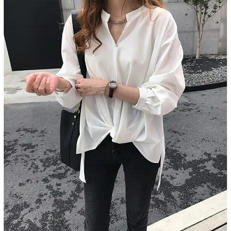 Blusa chiffon de manga comprida com gola v para mulheres, blusas casuais, tops femininos, novos