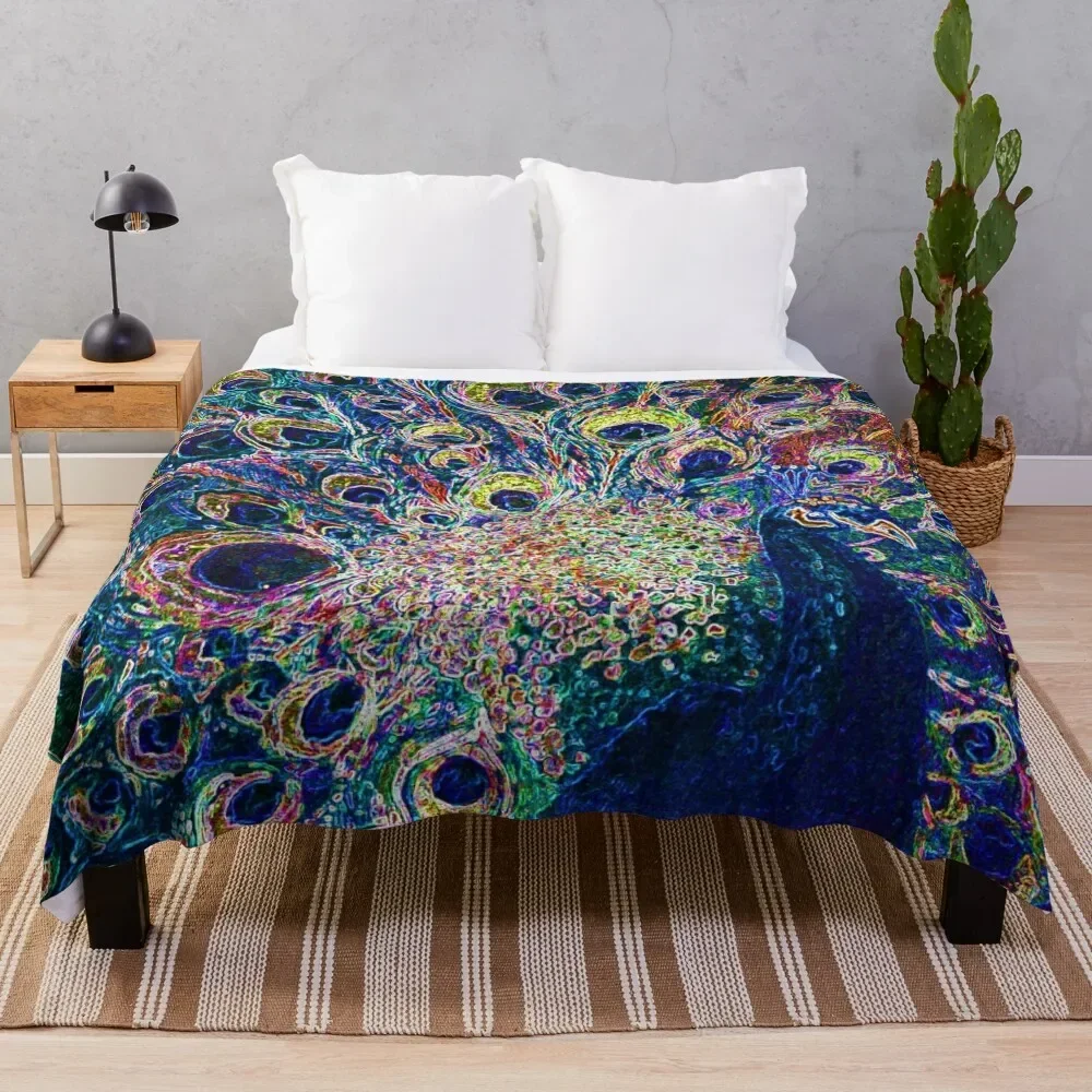 Neon Peacock Full Glory Throw Blanket decorative Bed linens Blankets