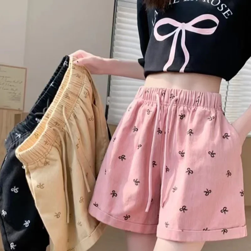 素敵な夏の女性服ワイドレッグパンツファム韓国甘い印刷ハイウエストバッファリーショーツ新しいカジュアル 5 クォーター P