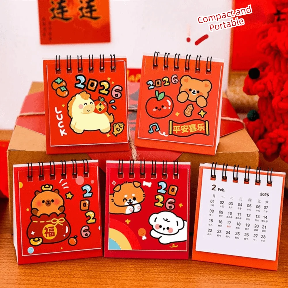 Cute New Year 2026 Desk Calendar Cartoon Coil Binding Schedule Planner Portable Daily Planner Office School Supplies