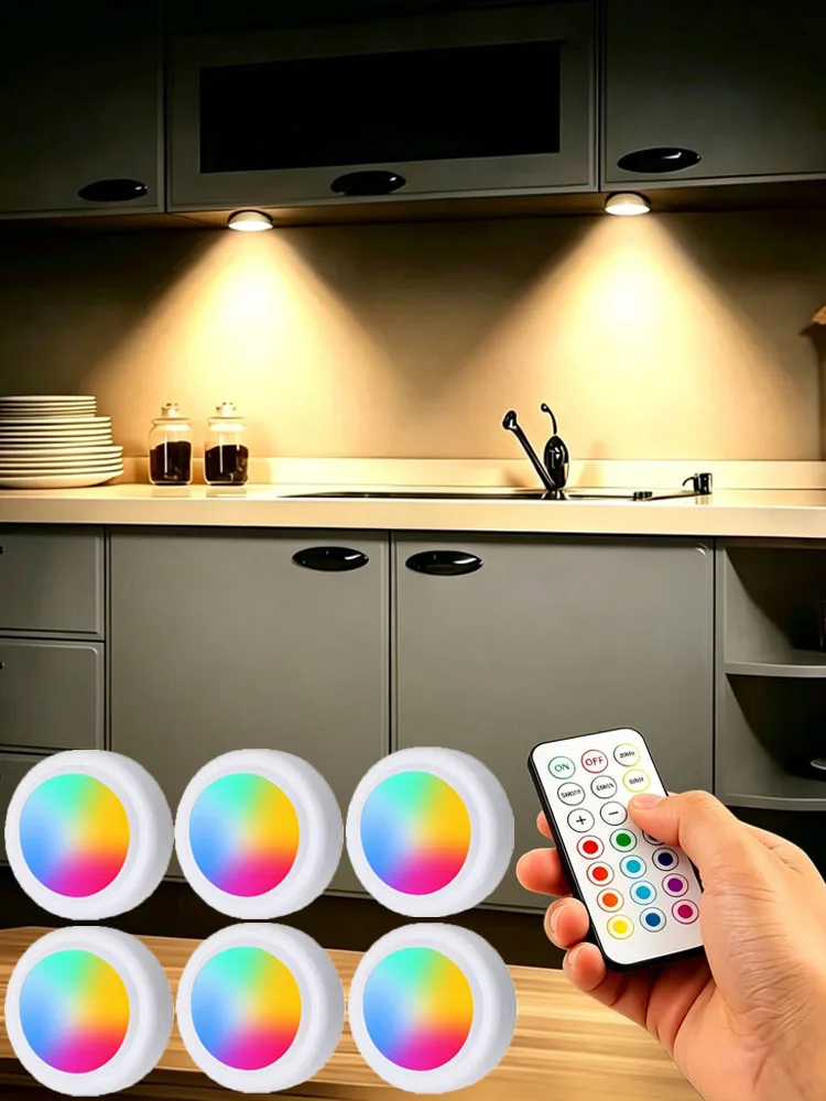 Dimmbare RGB-LED-Unterbauleuchte mit Fernbedienung, batteriebetrieben, für Kleiderschrank, Badezimmer, Nachtlicht