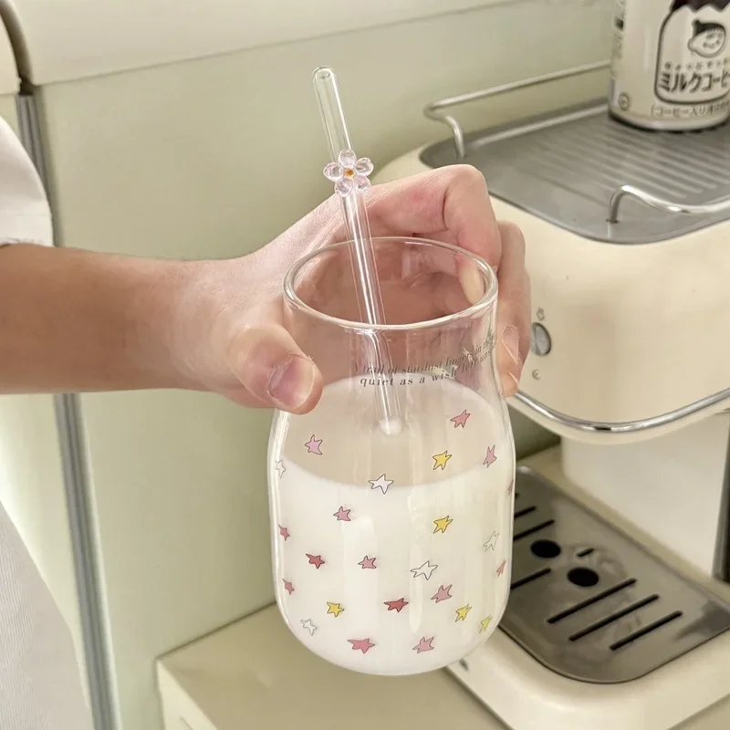 Heat Resistant High Borosilicate Glass Straw Cup  Star Design Water Cup with Straw Aesthetic Value Ins Style Korean T...