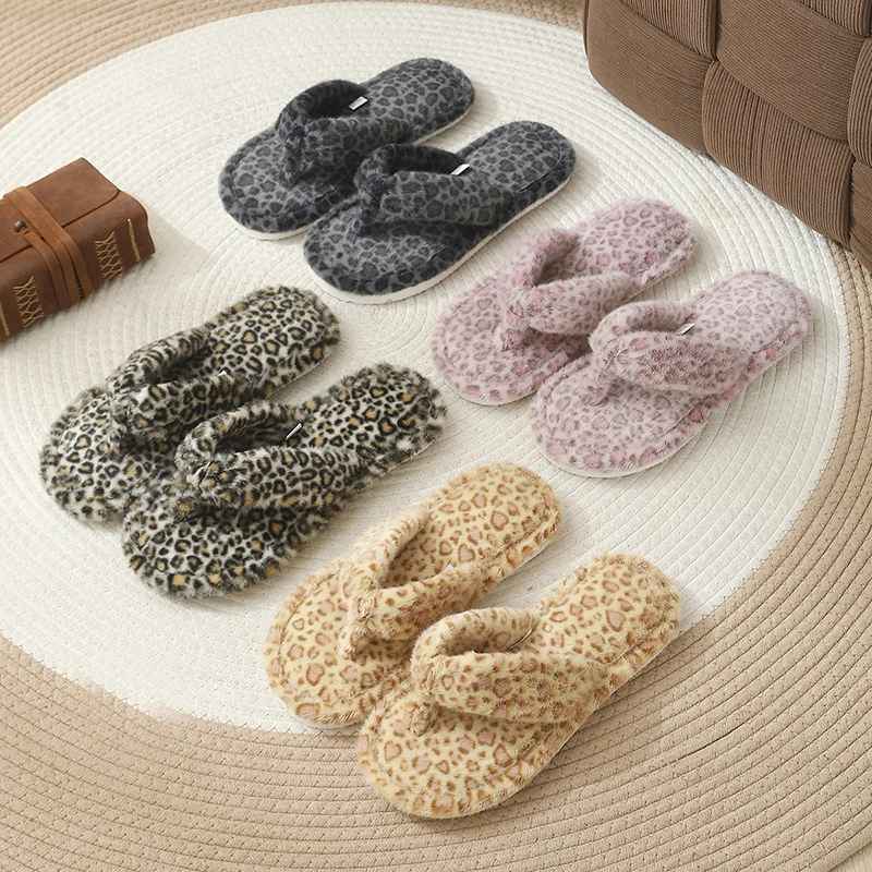 Leoparden-Flip-Flops Modische Hausschuhe für Damen Herbst Winter Designer Damenschuhe Indoor Flauschige Fell-Slides Weiche Rutschfeste Fußbekleidung